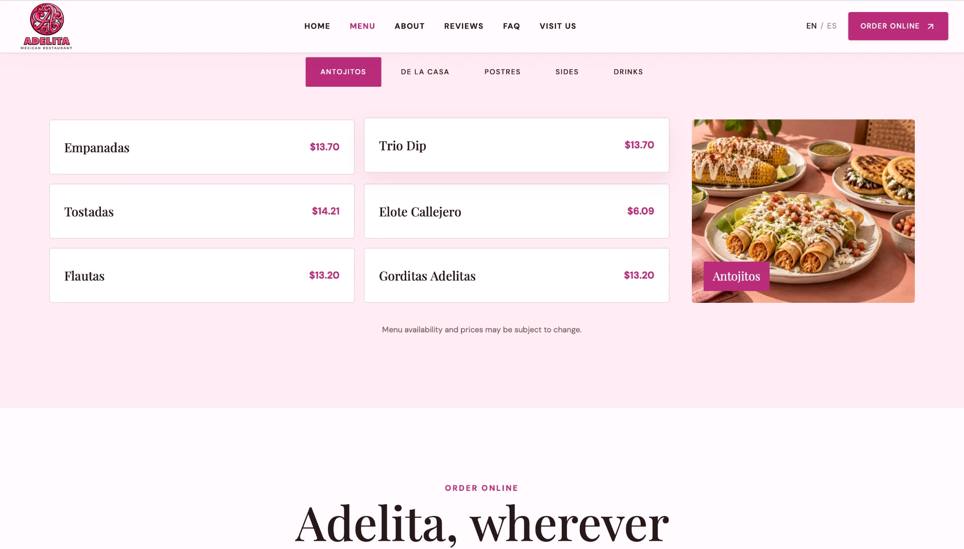 Adelita website concept — desktop menu page