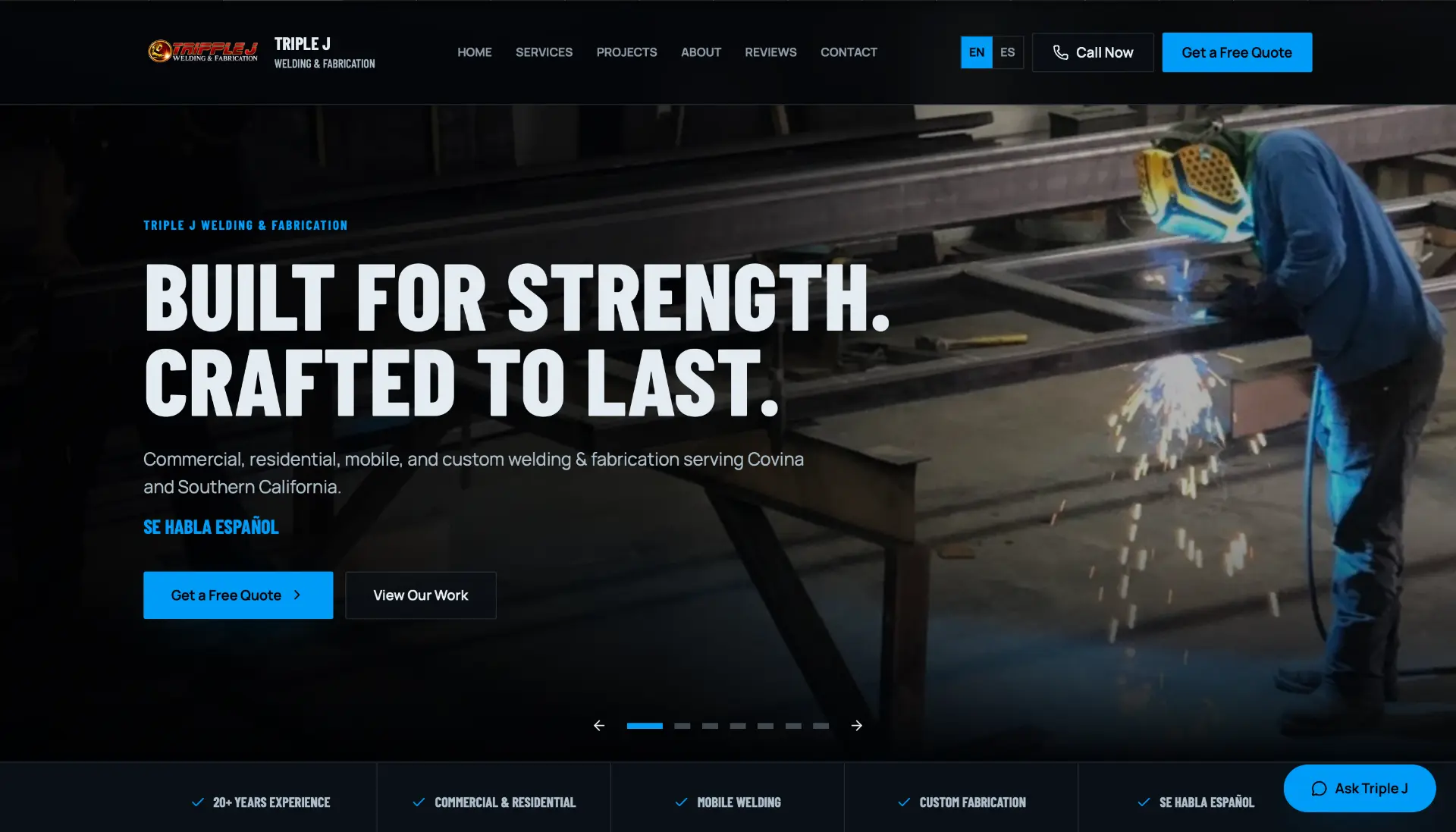 Triple J Welding & Fabrication website concept — desktop homepage