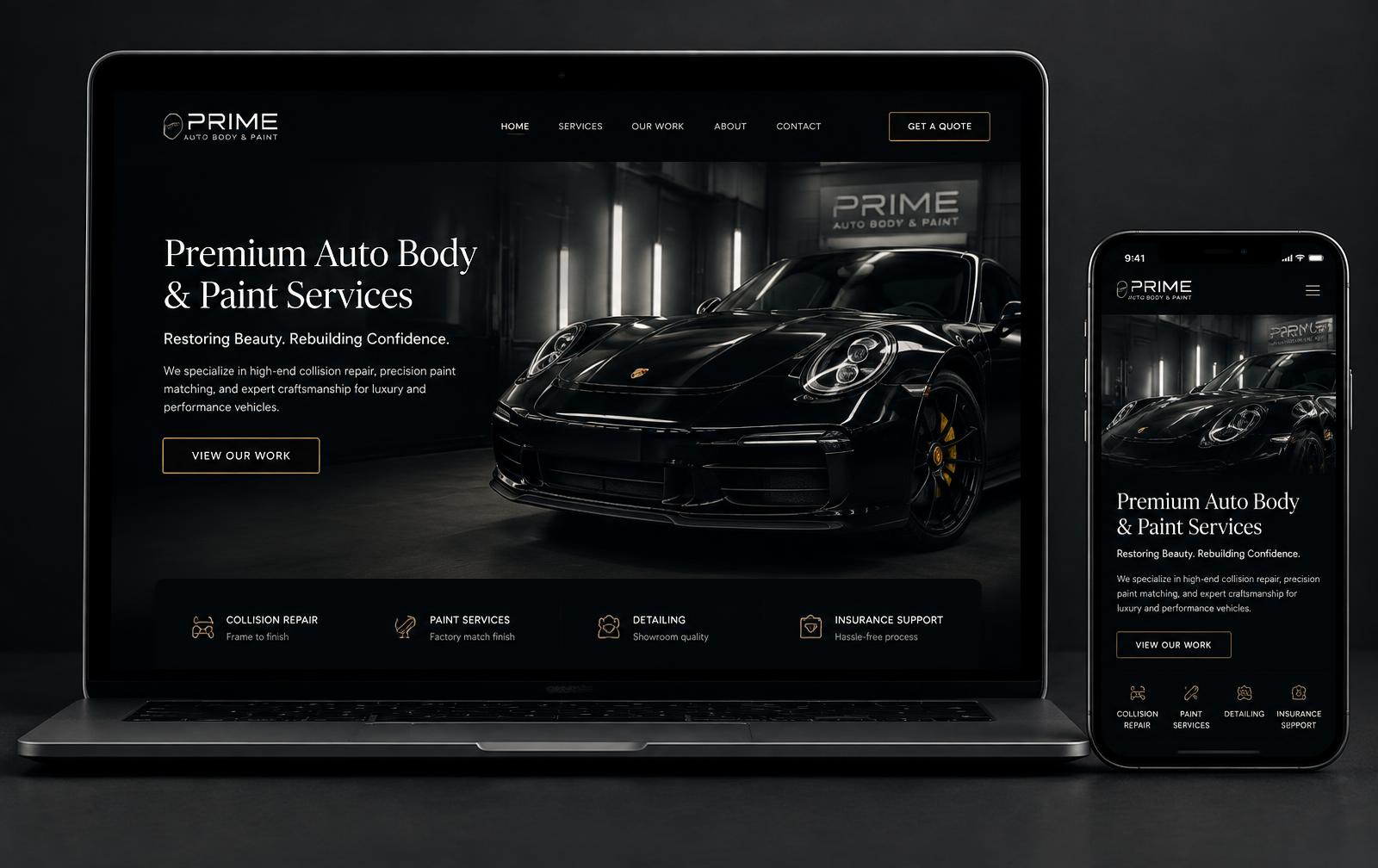 Auto body website concept on a laptop and phone